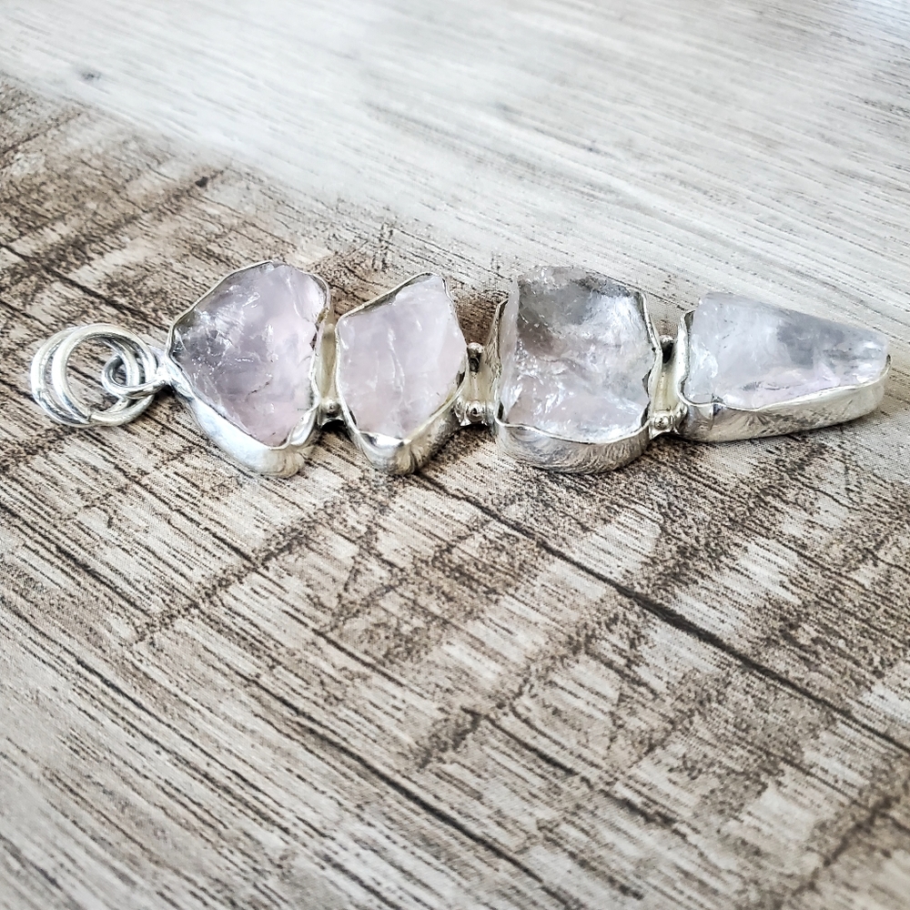 Natural Rough Rose Quartz Gemstones Set in 925 Sterling Silver Pendant, NWT - Picture 9 of 16